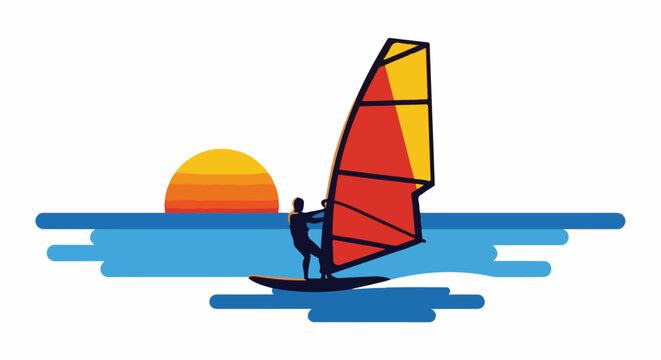 Stylized windsurfer silhouetted against a sunset over a vibrant ocean
