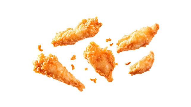 Fried chicken tenders floating on grey background
