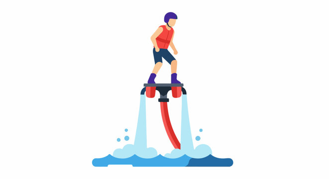 Person on a water jet pack flying over water with spray