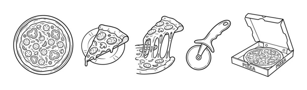 Pizza food items and accessories hand drawn outline collection illustrating various elements such as slices, a whole pie, cutter, and a delivery box in a monochrome style.