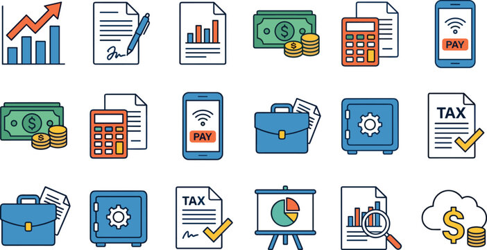 Financial accounting and tax management icon set featuring business reports calculators mobile payments cash briefcases vaults tax returns and data analysis vectors for corporate planning.