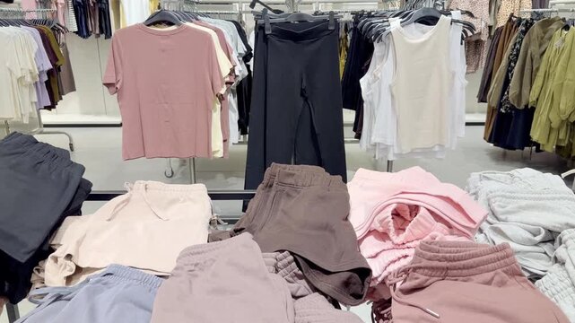 Clothes store in shopping mall.Blurred store aisle with hanging clothing racks