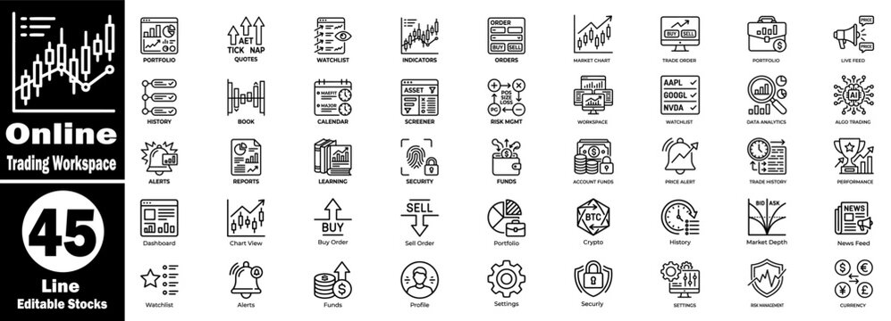 Line style online trading workspace icons for stock market and finance.