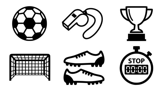 Soccer icons including ball, goal, shoes and trophy