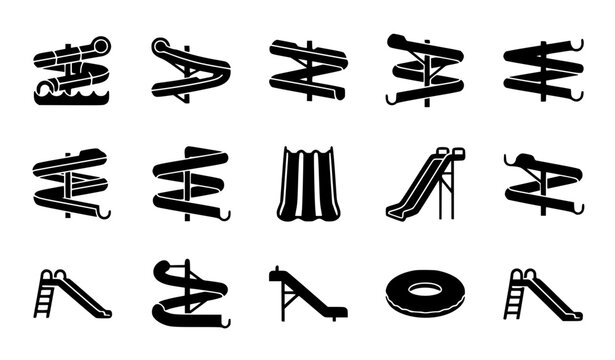 Minimal black water slide aquapark icon set vector illustration