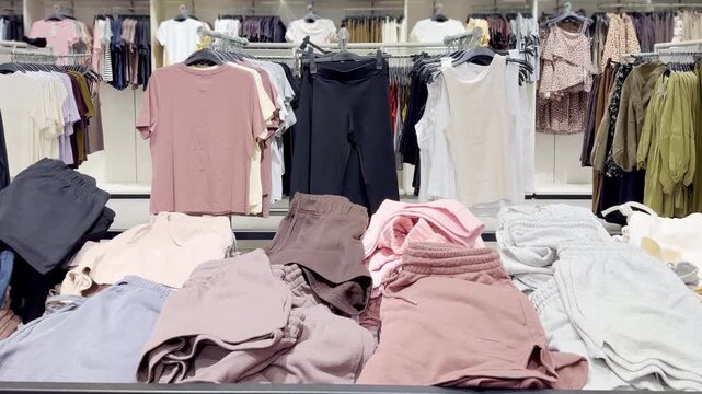 Clothes store in shopping mall.Blurred store aisle with hanging clothing racks