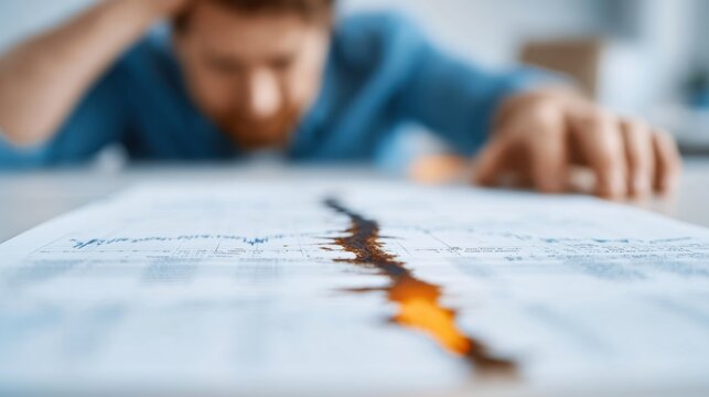 Man frustrated and stressed looking at cracked paper with visible tear and burnt edges representing failure challenge and setback in work or life concept