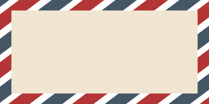 Vintage airmail postcard back template with diagonal blue and red stripe. Travel post card blank backside. Air mail envelope frame with postage place. Vector illustration isolated on white