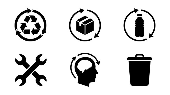 Black icons for recycling and industrial concepts on white background