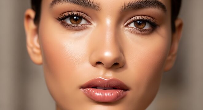 Close-up portrait of young woman with natural makeup looking at camera