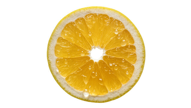 Juicy yellow grapefruit slice with water droplets, isolated on transparent background