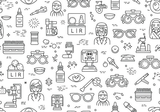 Optometry pattern displays a variety of eye care equipment including glasses, contact lenses, and medical tools.