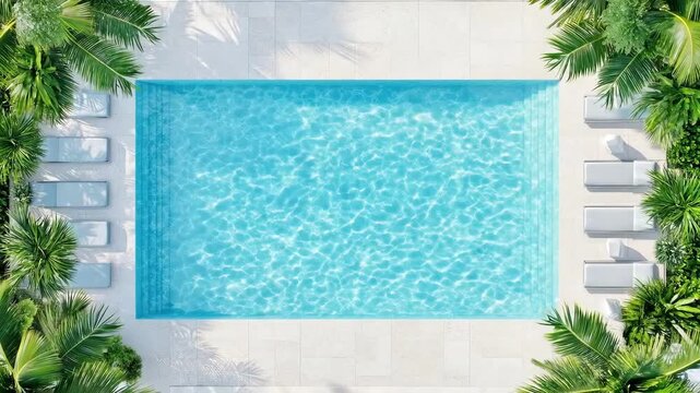 Aerial view of pristine outdoor swimming pool surrounded by lush greenery and sun loungers