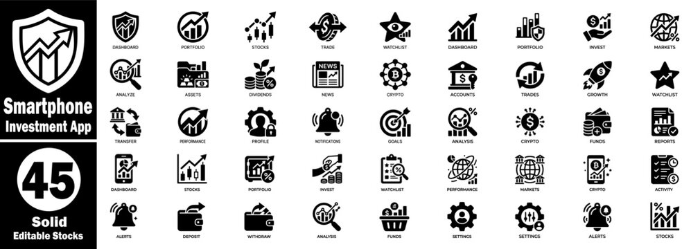 Smartphone investment app icon set with 45 solid editable stocks.