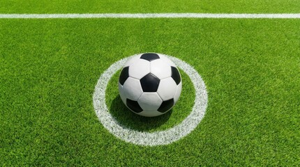 Obraz premium Soccer ball positioned on penalty spot mark in bright green grass field
