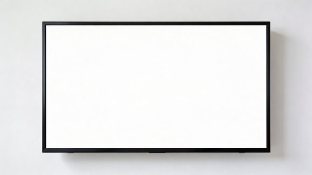  features a minimalist style with a rectangular, flat-screen television mounted on a plain white wall. The TV has a thin black frame, creating a sleek and modern appearance. The screen is entirely bla