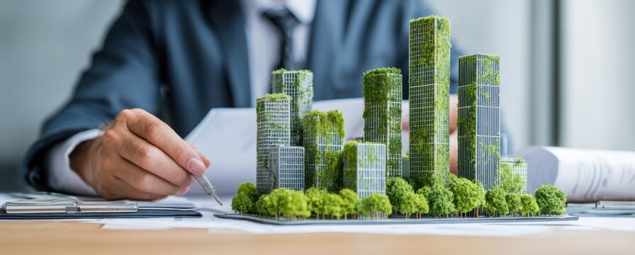 Businessman in a suit holding financial documents with a miniature cityscape model featuring green eco-friendly skyscrapers and lush landscapes for sustainable urban development