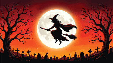 witch silhouette flying on a broom against a full moon © zn