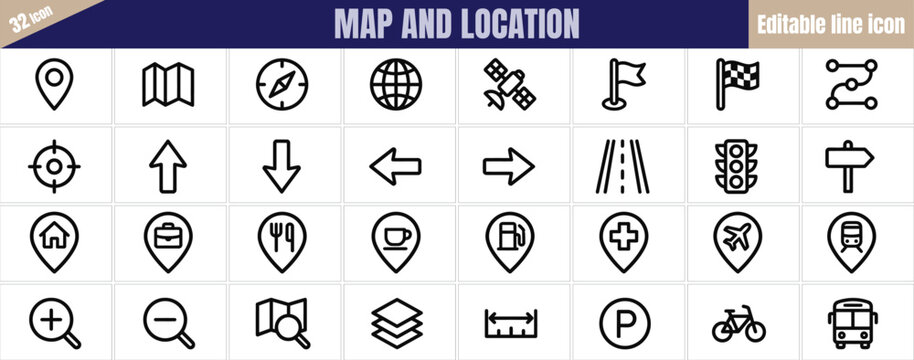 Map and location icon set navigation, gps, travel, and route symbols