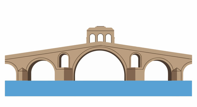 A stone arch bridge spans a blue river with a central section featuring three arched openings