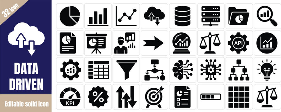 Set of 32 data driven icons, business and analytics solid icons