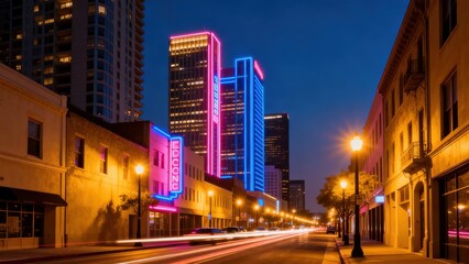 Obraz premium Neon lit city street at night