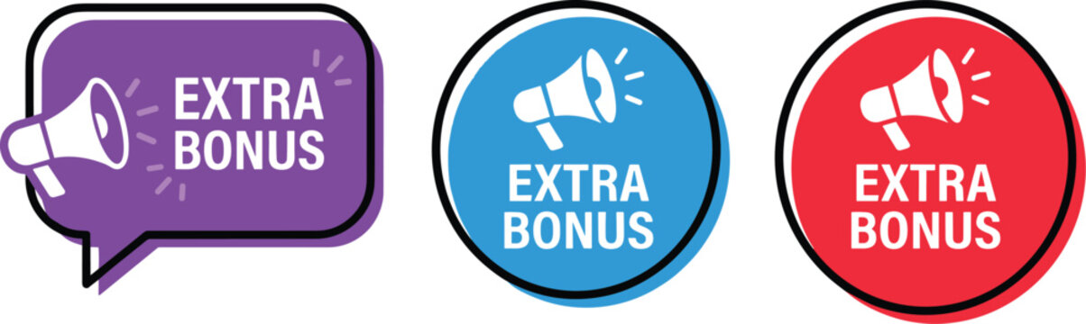 Extra Bonus Icon Set with Megaphone and Speech Bubble in Purple, Blue, and Red Colors for Promotions and Offers.