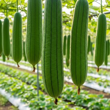 Green luffa hanging in greenhouse