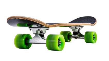 Wooden skateboard with green wheels, isolated on transparent background © Hughes