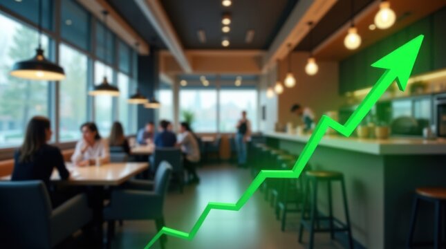 Interior de restaurante moderno con comensales y camareros difuminados, superposici&oacute;n de un gr&aacute;fico lineal transparente del mercado de valores en color verde