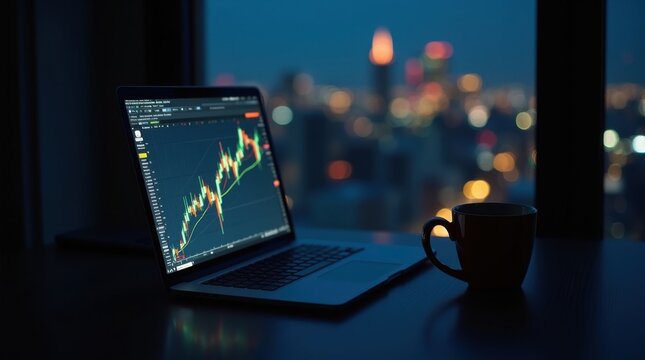 Escena de negociaci&oacute;n nocturna con un port&aacute;til mostrando un gr&aacute;fico alcista, una taza de caf&eacute;, una habitaci&oacute;n oscura con las luces de la ciudad a trav&eacute;s de la ventana