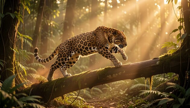 Jaguar leaping powerfully over a large fallen tree trunk in lush rainforest.