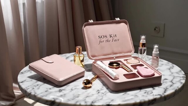 Open luxury skincare kit arranged in elegant presentation case on marble table, premium beauty and self care concept, cosmetic products and wellness accessories for modern skincare routine