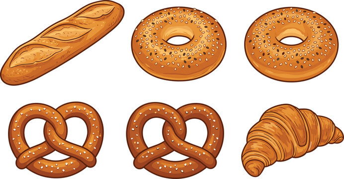 fresh bakery bread vector illustration set including crispy french baguette sesame bagels golden pretzel and buttery croissant isolated on white background