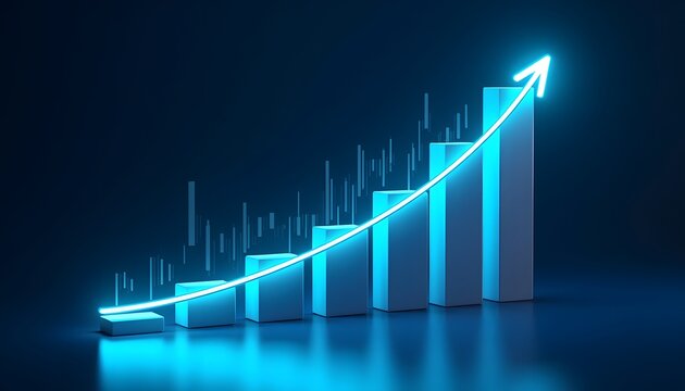 Stock market chart with glowing blue bars and rising arrow symbolizing growth and investor momentum in trading