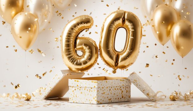 Celebration decor featuring gold foil balloons shaped as numbers on pedestal with gold confetti and heart balloons