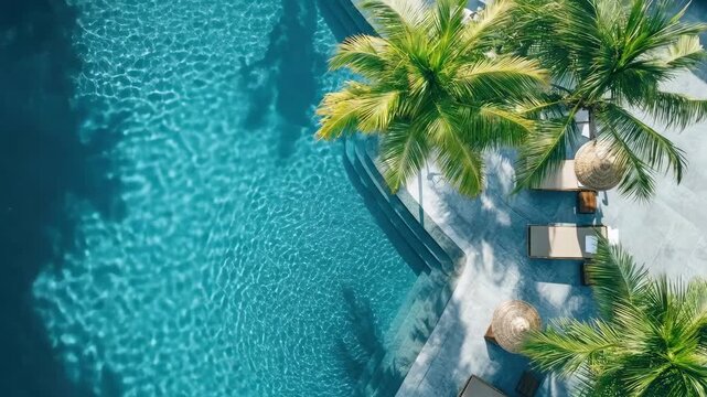 Aerial view of luxurious poolside oasis with palm trees and lounge chairs