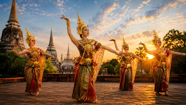 Traditional Thai dancers performing classical dance in golden costumes at ancient temple during sunset
