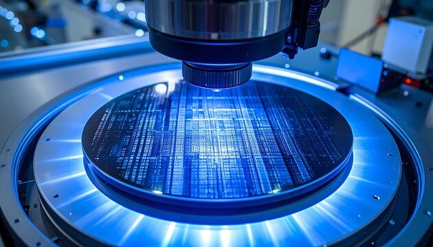 Blue Silicon Wafer Under Precision Inspection in Advanced Semiconductor Laboratory