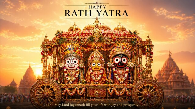 Golden Rath Yatra Chariot with Deities Jagannath Balabhadra Subhadra against a Dramatic Sunset Sky and Temple Silhouettes