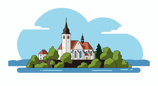 A stylized illustration of a church on a small island surrounded by trees and water