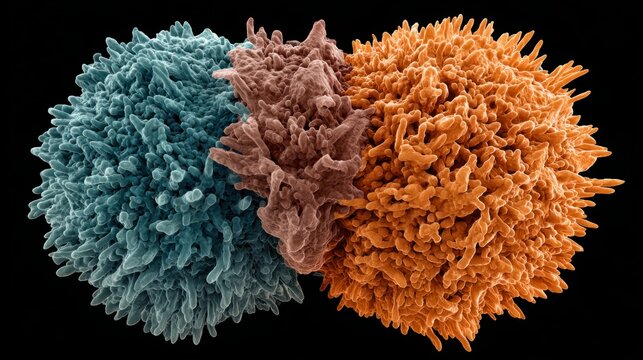 Colorful render of two t cells in blue, brown, and orange with anime villain-shaped textures in a scientific illustration