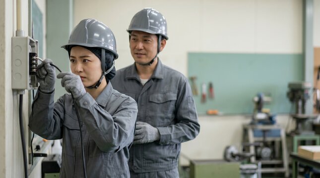 電気設備の現場で配線作業を学ぶ日本人女性の電気工事士と指導する先輩社員の若手育成・OJT風景