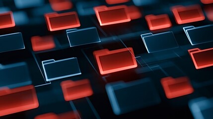 Fototapeta premium Network of glowing red and blue digital folders representing data security threats, cyber attack, and information danger during a hacking incident in a connected system