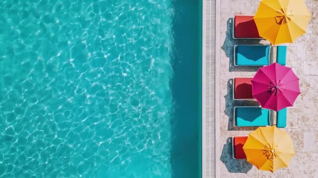 Vibrant poolside scene with colorful umbrellas and chairs in summer sun