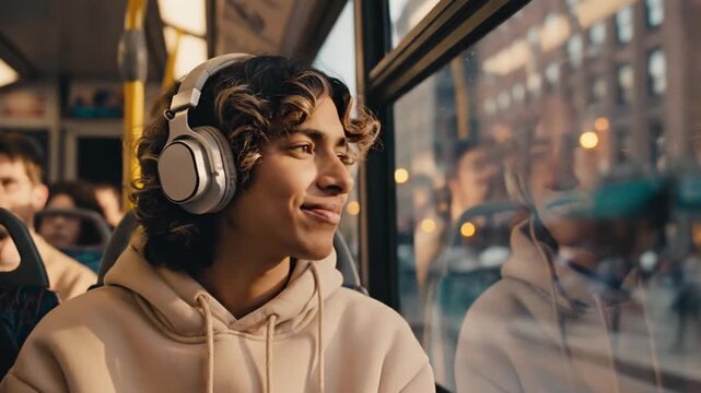 Young person with headphones looks out bus window