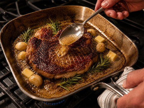 Juicy steak being basted with butter and herbs in a hot skillet.
