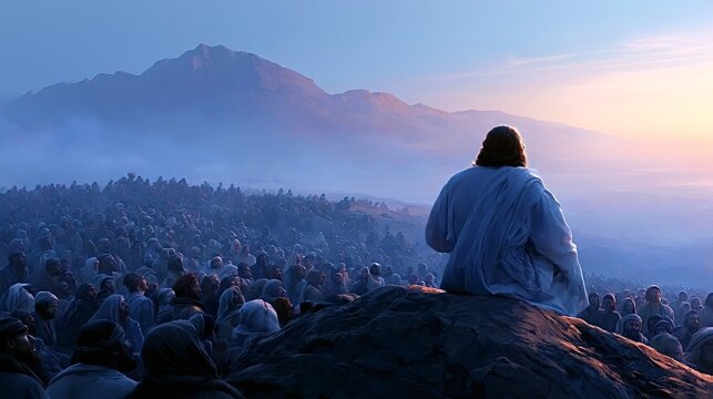 Jesus christ sitting on a rock, delivering the sermon on the mount to a large attentive crowd gathered on the mountainside with a spiritual atmosphere at sunrise