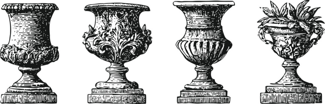 ornate vintage urns set classic decorative vases with intricate patterns and floral motifs in antique illustration