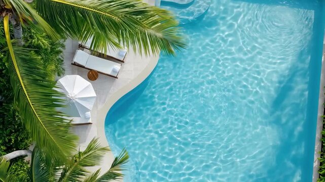 Tropical resort pool with lounge chairs and palm trees under sunlight